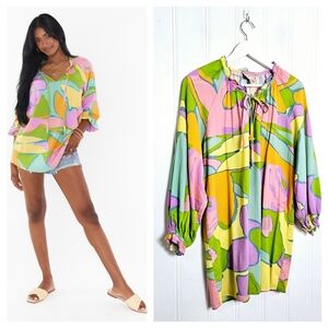 Show Me Your Mumu Char Tunic Summer Sorbet Top S Boho Peasant Ruffle V Neck